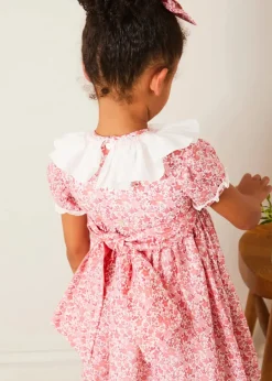 Pepa London Emilia Floral Hand Smocked Ruffle Collar Short Sleeve Dress in Pink (12mths-10yrs)