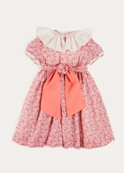 Pepa London Emilia Floral Hand Smocked Ruffle Collar Short Sleeve Dress in Pink (12mths-10yrs)