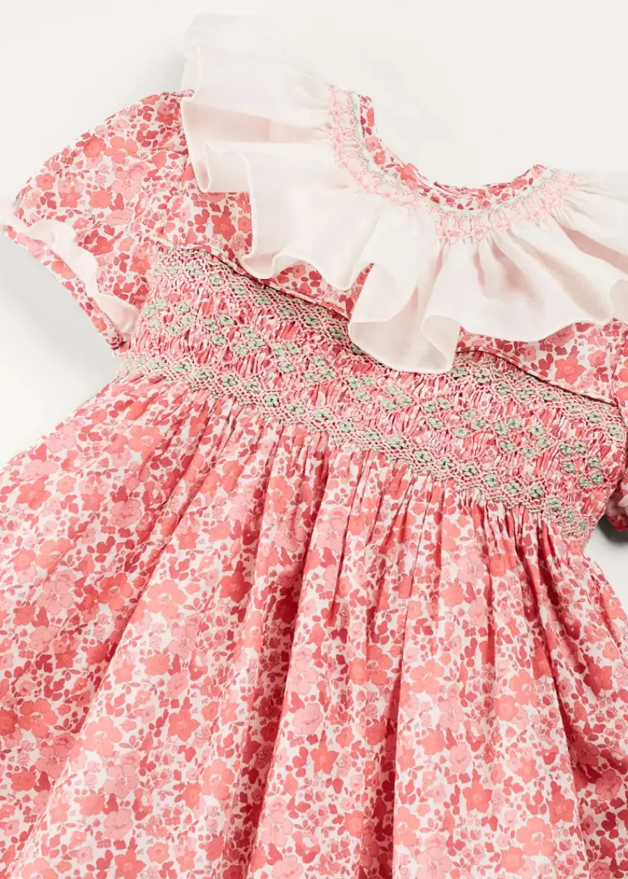 Pepa London Emilia Floral Hand Smocked Ruffle Collar Short Sleeve Dress in Pink (12mths-10yrs)
