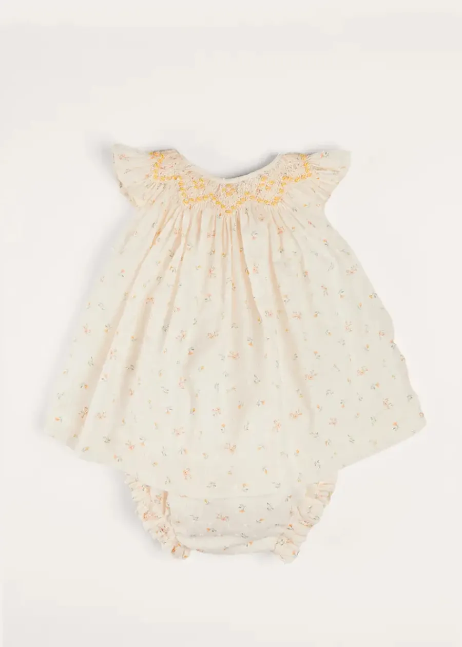 Pepa London Esme Floral Hand Smocked Sleeveless Dress With Bloomers in White (1-12mths)