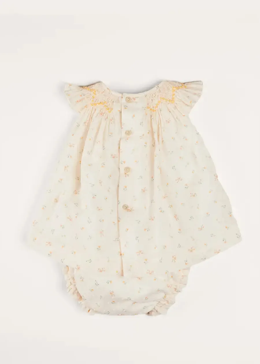 Pepa London Esme Floral Hand Smocked Sleeveless Dress With Bloomers in White (1-12mths)