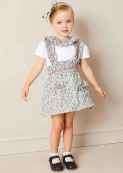 Pepa London Evelyn Floral Smocked Detail Skirt With Braces in Red (18mths-6yrs) | Evelyn Floral Ruffle Collar Top in Red (2-10yrs) | Statement Collar Floral Embroidery Cardigan in Navy (2-10yrs) | Leather Mary Jane Baby Shoes in French Blue (20-26EU) | Evelyn Floral Thin Bow Hairband in Red | Ribbed Shorts Socks Red (0mths-10yrs)