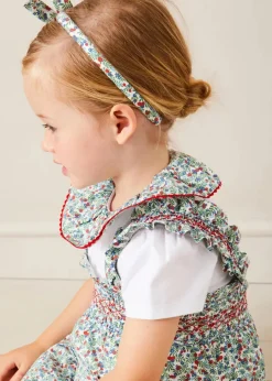 Pepa London Evelyn Floral Smocked Detail Skirt With Braces in Red (18mths-6yrs) | Evelyn Floral Ruffle Collar Top in Red (2-10yrs) | Statement Collar Floral Embroidery Cardigan in Navy (2-10yrs) | Leather Mary Jane Baby Shoes in French Blue (20-26EU) | Evelyn Floral Thin Bow Hairband in Red | Ribbed Shorts Socks Red (0mths-10yrs)