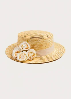 BOY Pepa London Faux Flower Straw Boater Hat With Ivory Flower (S-M)