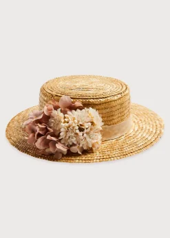 BOY Pepa London Faux Flower Straw Boater Hat in Pink
