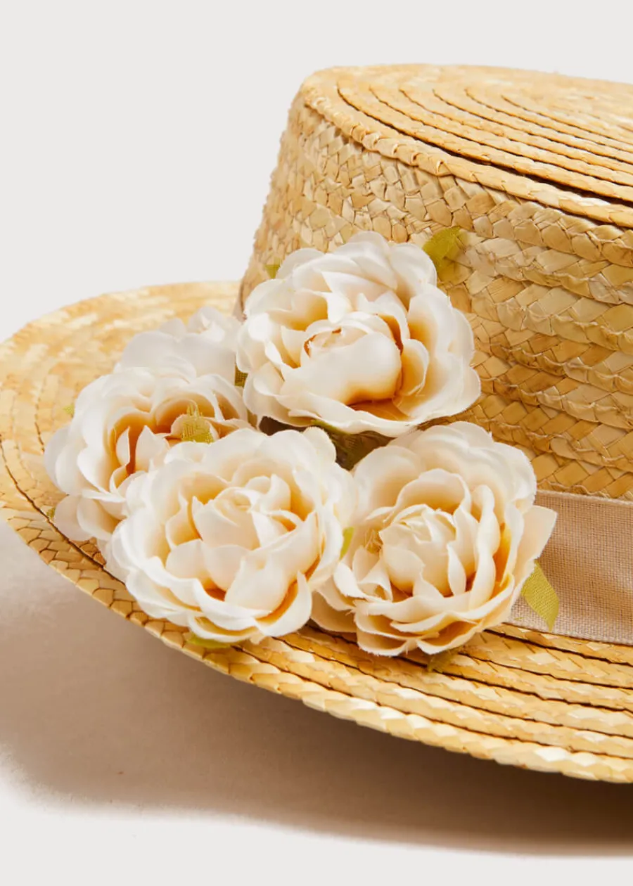 BOY Pepa London Faux Flower Straw Boater Hat With Ivory Flower (S-M)