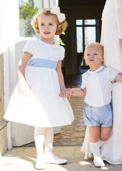Pepa London Flower Girl Ivory Dress with Blue Silk Sash (6mths-10yrs)
