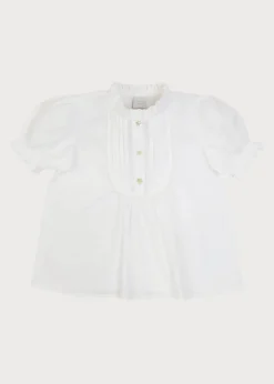 Pepa London Frilly Neck Pleated Short Sleeve Blouse in White (18mths-10yrs)