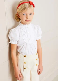 Pepa London Frilly Neck Pleated Short Sleeve Blouse in White (18mths-10yrs)