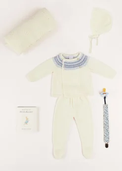 Pepa London Gift boxes | Baby Bonnet In Cream (S-L) | BIBS Dummy in Blue | Intricate Openwork Fine Merino Wool Shawl in Cream