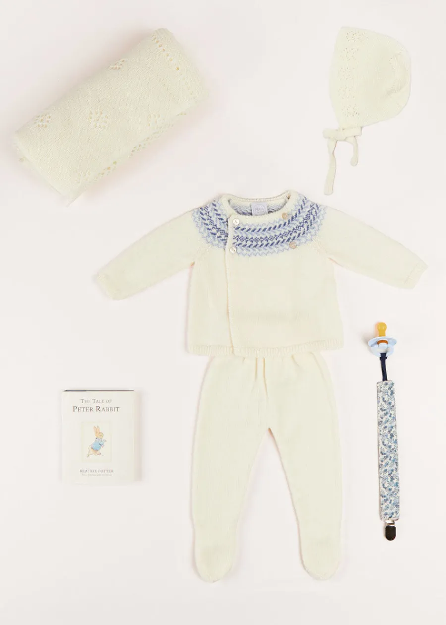 Pepa London Gift boxes | Baby Bonnet In Cream (S-L) | BIBS Dummy in Blue | Intricate Openwork Fine Merino Wool Shawl in Cream