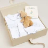 Pepa London Gift boxes | Blue Hand Smocked Cotton All-in-One (1-18mths) | Newborn Hat with Blue Hand Smocked Detail (0-3mths) | Blue Hand Smocked Bib | Blue Hand Smocked Towel | Blue Hand Smocked Mittens | My First Bunny in a Box - Blue
