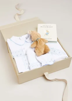 Pepa London Gift boxes | Blue Hand Smocked Cotton All-in-One (1-18mths) | Newborn Hat with Blue Hand Smocked Detail (0-3mths) | Blue Hand Smocked Bib | Blue Hand Smocked Towel | Blue Hand Smocked Mittens | My First Bunny in a Box - Blue