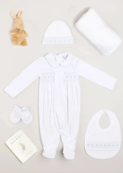 Pepa London Gift boxes | Blue Hand Smocked Cotton All-in-One (1-18mths) | Newborn Hat with Blue Hand Smocked Detail (0-3mths) | Blue Hand Smocked Bib | Blue Hand Smocked Towel | Blue Hand Smocked Mittens | My First Bunny in a Box - Blue
