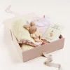 Pepa London Gift boxes | Dot Detail Lace Collar Knitted Set in Pink (1-6mths) | Baby Bonnet In Pink (S-L) | Intricate Openwork Fine Merino Wool Shawl in Cream | BIBS Dummy in Pink