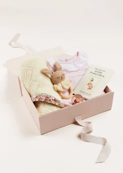 Pepa London Gift boxes | Dot Detail Lace Collar Knitted Set in Pink (1-6mths) | Baby Bonnet In Pink (S-L) | Intricate Openwork Fine Merino Wool Shawl in Cream | BIBS Dummy in Pink