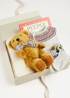 Pepa London Gift boxes | Fair Isle Knitted 2 Piece Set In Grey (1-9mths) | Intricate Openwork Fine Merino Wool Shawl in Cream | BIBS Dummy in Sage Green | Bunny Teether in Green | Peepo Book In Red