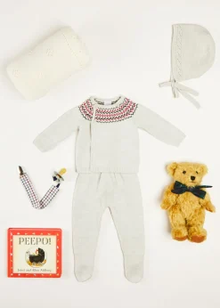 Pepa London Gift boxes | Fair Isle Knitted 2 Piece Set In Grey (1-9mths) | Intricate Openwork Fine Merino Wool Shawl in Cream | BIBS Dummy in Sage Green | Bunny Teether in Green | Peepo Book In Red