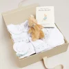 Pepa London Gift boxes | Green Hand Smocked Cotton All-in-One (0-18mths) | Newborn Hat with Green Hand Smocked Detail (0-3mths) | Green Hand Smocked Bib | Green Hand Smocked Towel | Green Hand Smocked Mittens | My First Bunny in a Box - Blue