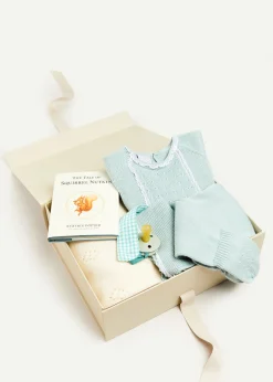 Pepa London Gift boxes | Lace Detail Knitted Bonnet in Green (1-12mths) | Lace Trim Knitted Set in Green (1-12mths) | Intricate Openwork Fine Merino Wool Shawl in Cream | BIBS Dummy in Sage Green | Knitted Bunny Teether in Beige