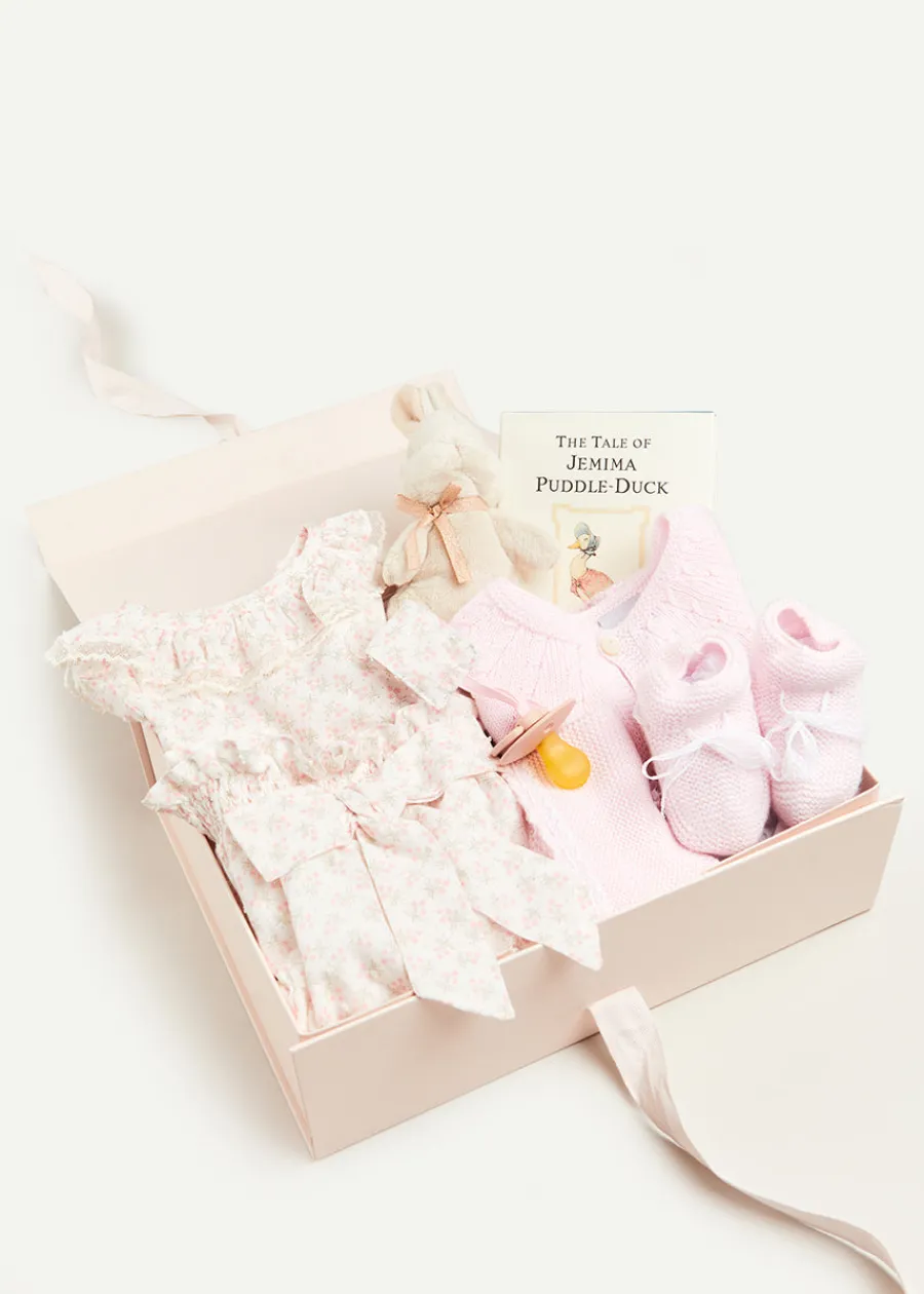 Pepa London Gift boxes | Lace Detail Knitted Bonnet in Pink (1-12mths) | Openwork Detail Baby Cardigan in Pink (1-12mths) | Lace Detail Knitted Booties in Pink | Tilly Floral Print Bloomers With Bow Detail in Pink (1-6mths) | BIBS Dummy in Pink