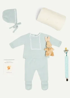 Pepa London Gift boxes | Lace Detail Knitted Bonnet in Green (1-12mths) | Lace Trim Knitted Set in Green (1-12mths) | Intricate Openwork Fine Merino Wool Shawl in Cream | BIBS Dummy in Sage Green | Knitted Bunny Teether in Beige