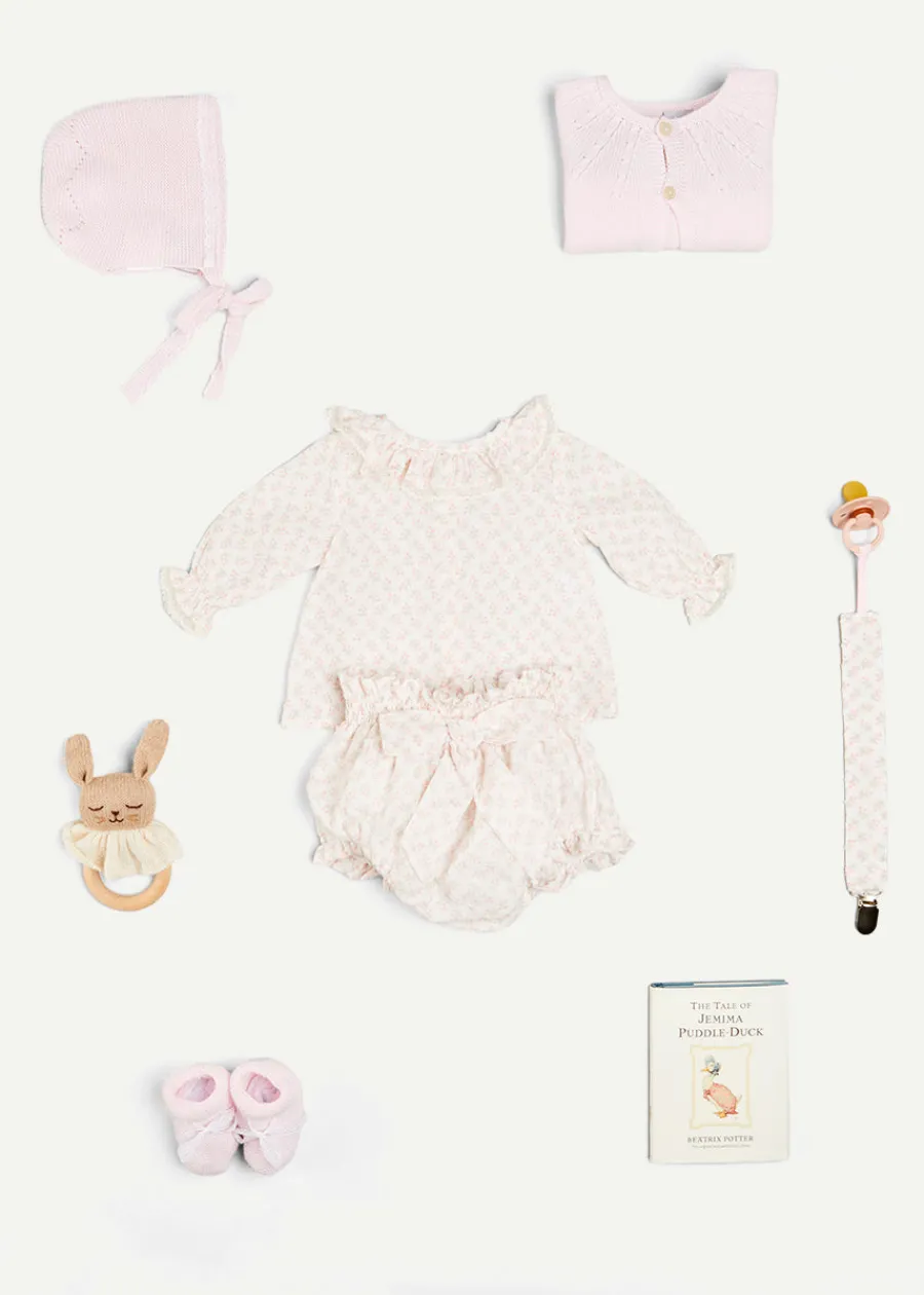 Pepa London Gift boxes | Lace Detail Knitted Bonnet in Pink (1-12mths) | Openwork Detail Baby Cardigan in Pink (1-12mths) | Lace Detail Knitted Booties in Pink | Tilly Floral Print Bloomers With Bow Detail in Pink (1-6mths) | BIBS Dummy in Pink