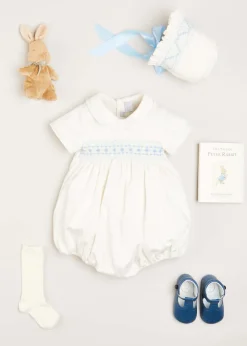 Pepa London Gift boxes | Off White and Blue Hand Smocked Baby Bonnet | Plain high socks - Cream (0mths-10yrs) | Leather T-Bar Pram Shoes in Classic Blue (17-20EU) | My First Bunny in a Box - Blue