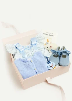 Pepa London Gift boxes | Openwork Detail Baby Cardigan in Blue (1-12mths) | Suede Velvet Ribbon Pram Shoes in Blue (17-21 EU) | White Mouse Toy | BIBS Dummy in Blue