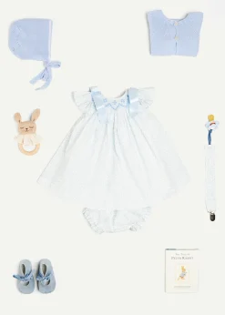 Pepa London Gift boxes | Openwork Detail Baby Cardigan in Blue (1-12mths) | Suede Velvet Ribbon Pram Shoes in Blue (17-21 EU) | White Mouse Toy | BIBS Dummy in Blue