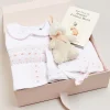 Pepa London Gift boxes | Pink Hand Smocked Cotton All-in-One (0-12mths) | Newborn Hat with Pink Hand Smocked Detail (0-3mths) | Pink Hand Smocked Bib | Pink Hand Smocked Towel | Pink Hand Smocked Mittens