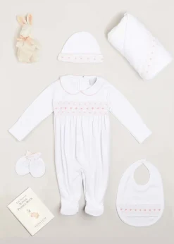 Pepa London Gift boxes | Pink Hand Smocked Cotton All-in-One (0-12mths) | Newborn Hat with Pink Hand Smocked Detail (0-3mths) | Pink Hand Smocked Bib | Pink Hand Smocked Towel | Pink Hand Smocked Mittens