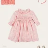 Pepa London Gingham Smocked Ruffle Collar Long Sleeve Dress in Coral (12mths-10yrs) | Floral Openwork Cotton Cardigan in Pink (2-10yrs) | Girls Ivory Leather Mary Jane Shoes (20-34EU) | Raspberry Linen Hairband | Openwork short socks White (0mths-8yrs)