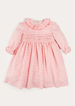 Pepa London Gingham Smocked Ruffle Collar Long Sleeve Dress in Coral (12mths-10yrs)