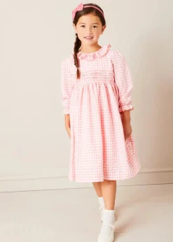 Pepa London Gingham Smocked Ruffle Collar Long Sleeve Dress in Coral (12mths-10yrs)