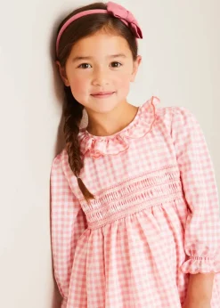 Pepa London Gingham Smocked Ruffle Collar Long Sleeve Dress in Coral (12mths-10yrs)