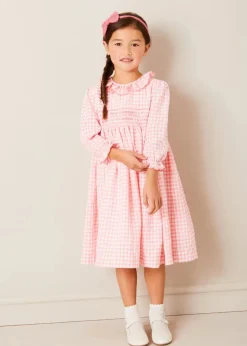 Pepa London Gingham Smocked Ruffle Collar Long Sleeve Dress in Coral (12mths-10yrs)