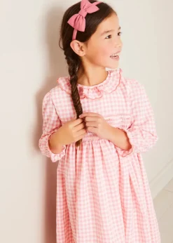 Pepa London Gingham Smocked Ruffle Collar Long Sleeve Dress in Coral (12mths-10yrs)