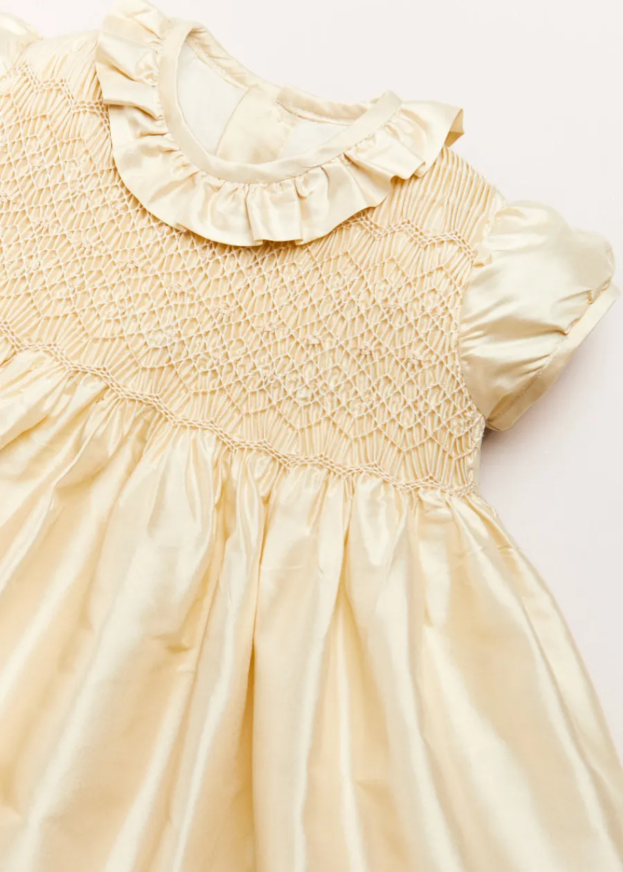 Pepa London Girls Silk Hand Smocked Celebration Dress in Champagne (6mths-10yrs)