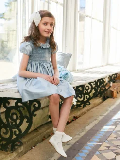 Pepa London Girls Silk Hand Smocked Celebration Dress in Blue (6mths-10yrs)