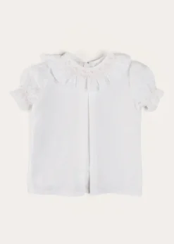 Pepa London Hand Smocked Collar Short Sleeve Blouse in White (18mths-6yrs)