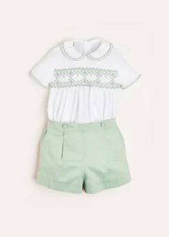 BOY Pepa London Hand Smocked Peter Pan Collar Short Sleeve Two Piece Set in Green (18mths-6yrs)