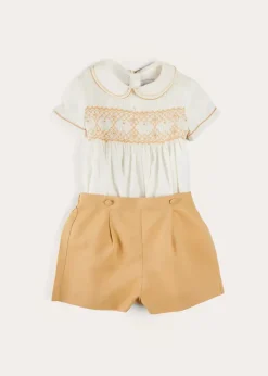 BOY Pepa London Hand Smocked Peter Pan Collar Short Sleeve Two Piece Set in Beige (18mths-6yrs)