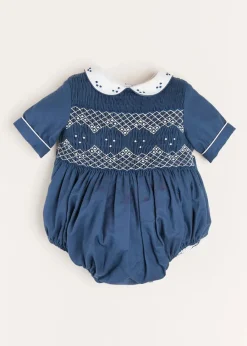 Pepa London Hand Smocked Peter Pan Collar Short Sleeve Romper in Royal Blue (6mths-2yrs)