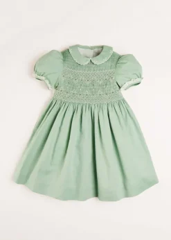 Pepa London Hand Smocked Peter Pan Collar Short Sleeve Dress in Green (12mths-10yrs)