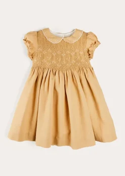Pepa London Hand Smocked Peter Pan Collar Short Sleeve Dress in Beige (12mths-10yrs)