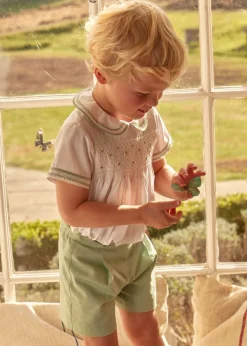 BOY Pepa London Hand Smocked Peter Pan Collar Short Sleeve Two Piece Set in Green (18mths-6yrs)