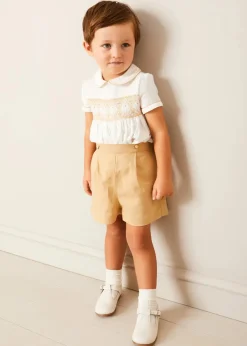 BOY Pepa London Hand Smocked Peter Pan Collar Short Sleeve Two Piece Set in Beige (18mths-6yrs)