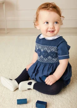 Pepa London Hand Smocked Peter Pan Collar Short Sleeve Romper in Royal Blue (6mths-2yrs)