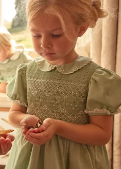 Pepa London Hand Smocked Peter Pan Collar Short Sleeve Dress in Green (12mths-10yrs)